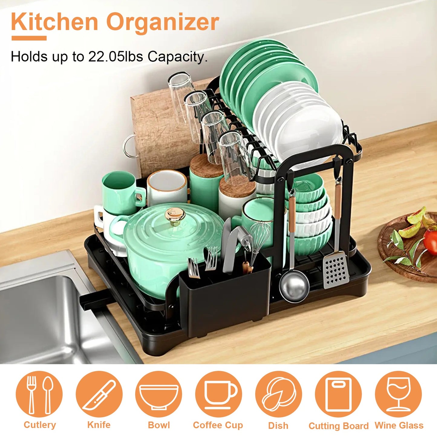 2-Tier Dish Drying Rack with Drainboard - Complete Kitchen Organizer Set