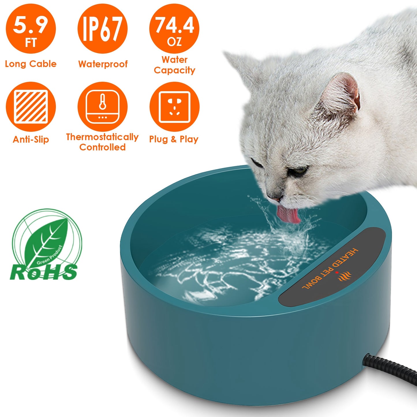 Heated Pet Water Bowl 74.4OZ - IP67 Waterproof for Dogs, Cats & Rabbits