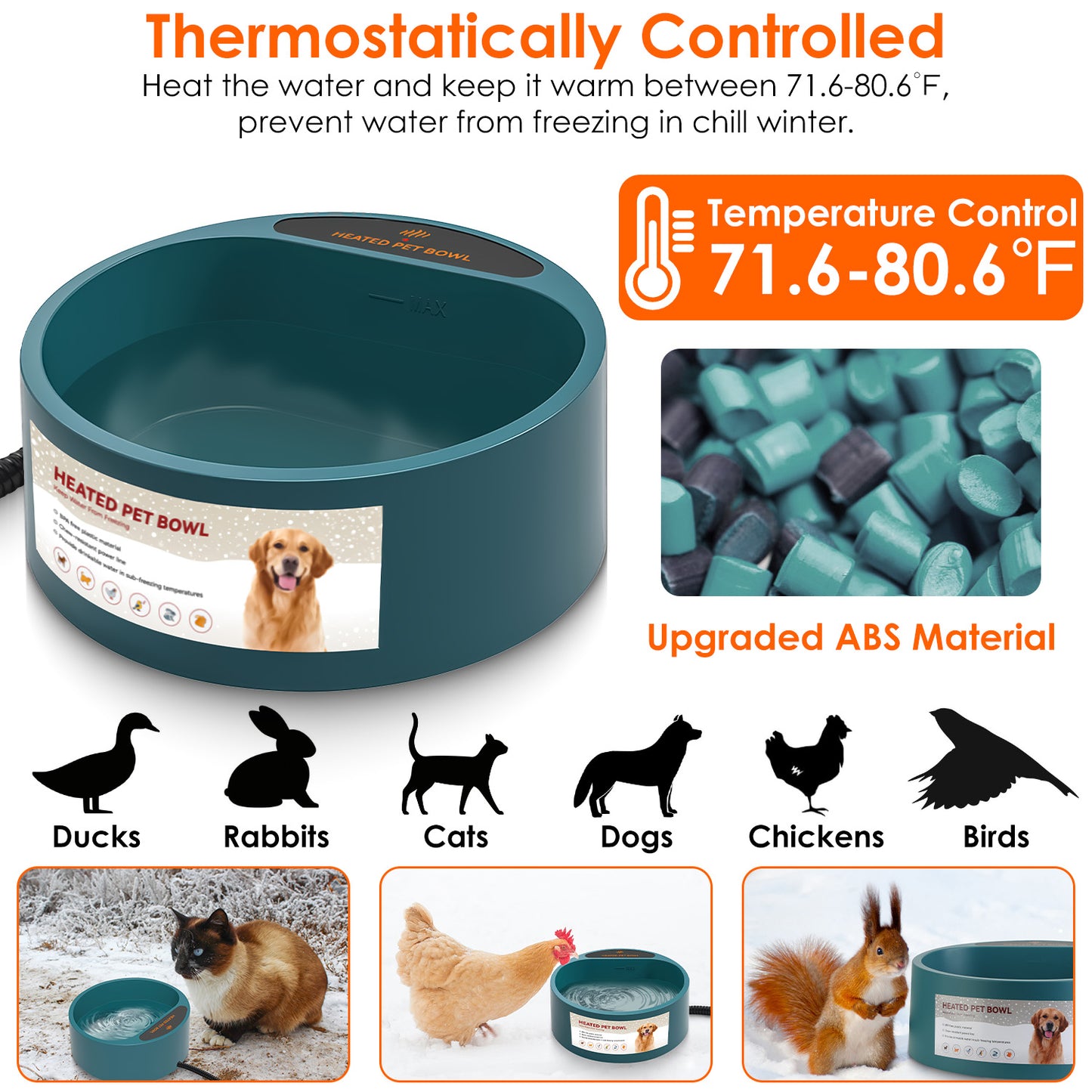 Heated Pet Water Bowl 74.4OZ - IP67 Waterproof for Dogs, Cats & Rabbits