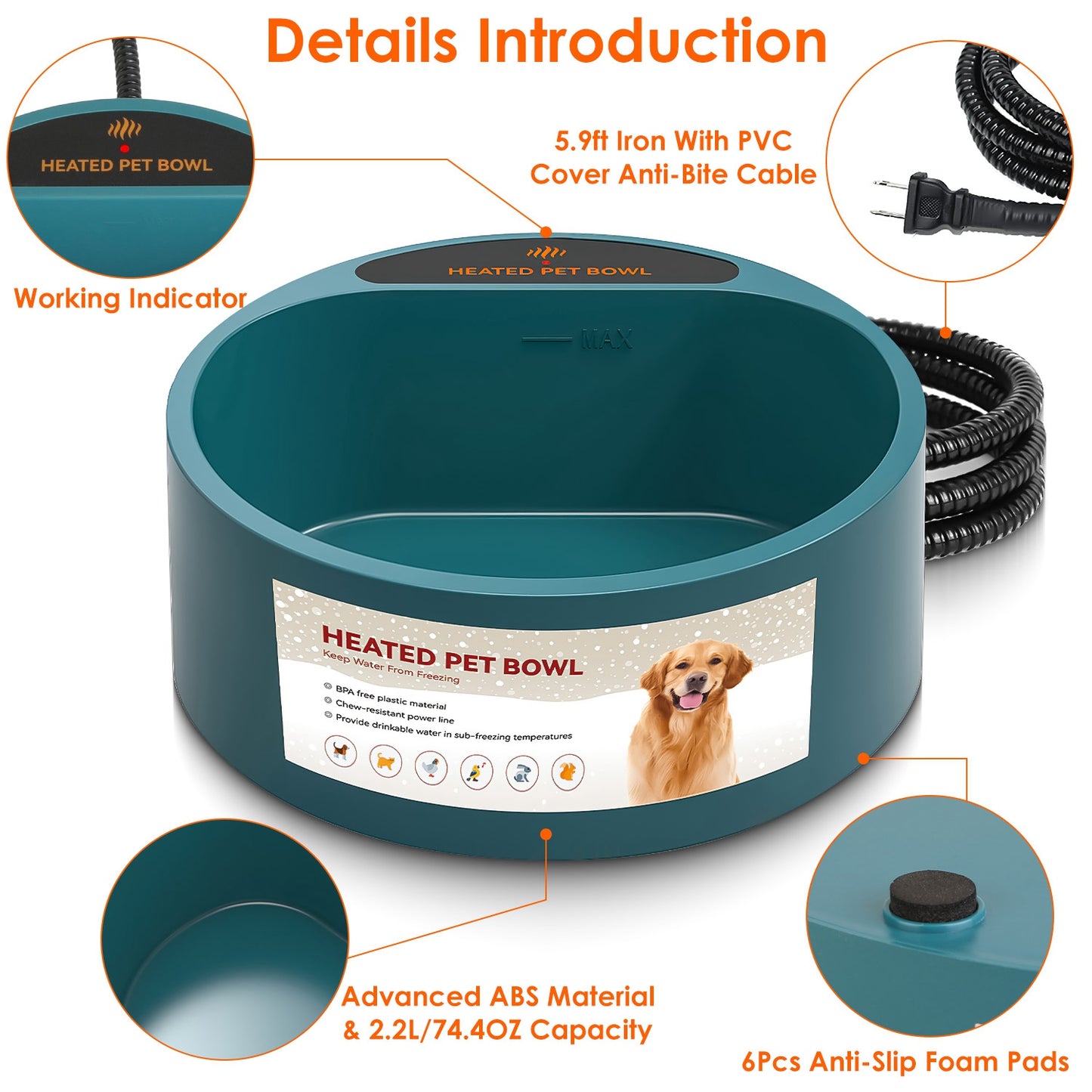 Heated Pet Water Bowl 74.4OZ - IP67 Waterproof for Dogs, Cats & Rabbits