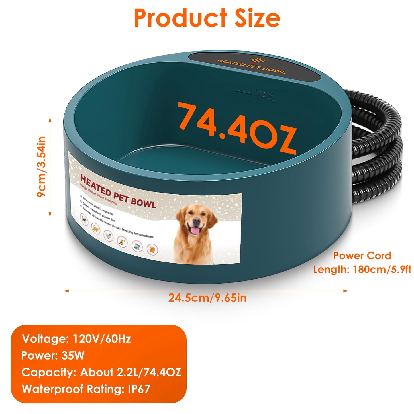 Heated Pet Water Bowl 74.4OZ - IP67 Waterproof for Dogs, Cats & Rabbits