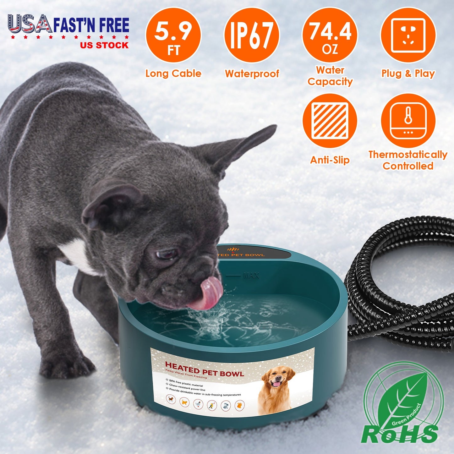 Heated Pet Water Bowl 74.4OZ - IP67 Waterproof for Dogs, Cats & Rabbits